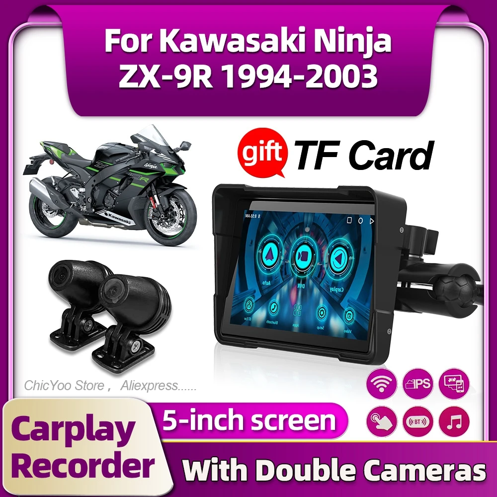 

Motorcycle Navigation Wireless CarPlay Android Dual Camera Recorder For Kawasaki Ninja ZX-9R 1994 1995 1996 1997 1998 1999-2003