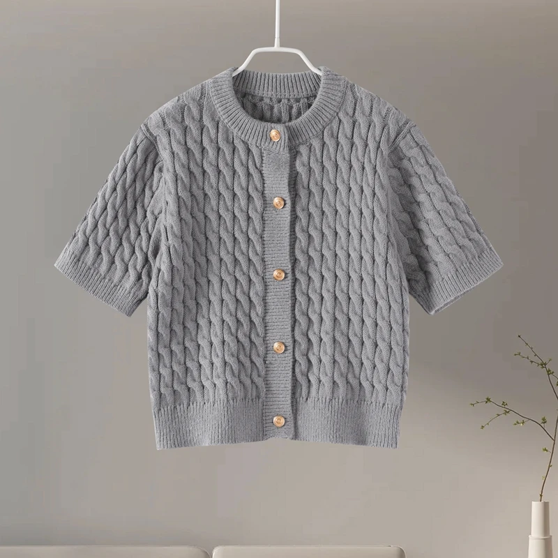 Knitted Single Breasted Cardigans Women Solid O-neck Short Sleeve Ribbed Sweaters Female Fashion New Slim Ladies Casual Top