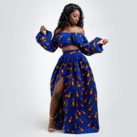 Printed African Inspired Women's Fashion Set, One-Line Neck, Full Sleeve, Off Shoulder Top, Slit Skirt 3