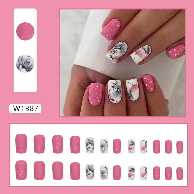 Nail Polish 24 Pcs Press on Nails Pink Gradient Nail polish Glossy Artificial Finger Manicure Reusable False Nails Women