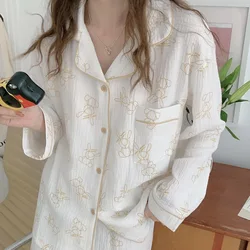 Rabbit Cotton Gauze Pajamas Women's Long-sleeved Trousers In Spring and Autumn Korean Cardigan Lapel Home Clothes Two-piece Suit