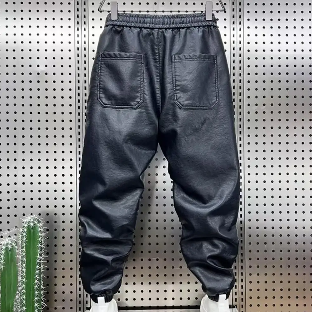 Men Trousers Thick Velvet Trousers Velvet Pants Windproof Waterproof Faux Leather Men's Pants with Elastic Waist Ankle-banded for Cycling