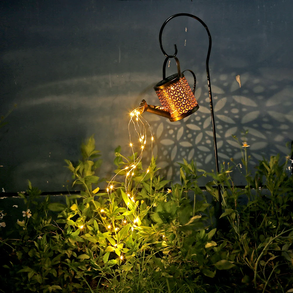 1PCS Solar Watering Can with Lights Hollow Wrought Iron Star Shower Lamp Fairy Light Waterproof Hanging Light Yard Decorations