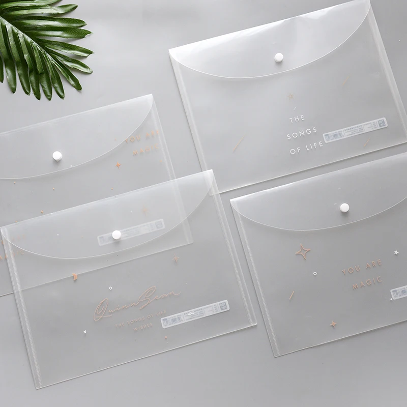 A4 단추 문서 가방, 예쁜 PP 투명 폴더, 사무실 종이, 정리함 파일 보관 가방, 도매, 신제품 문구, 4 개/로트