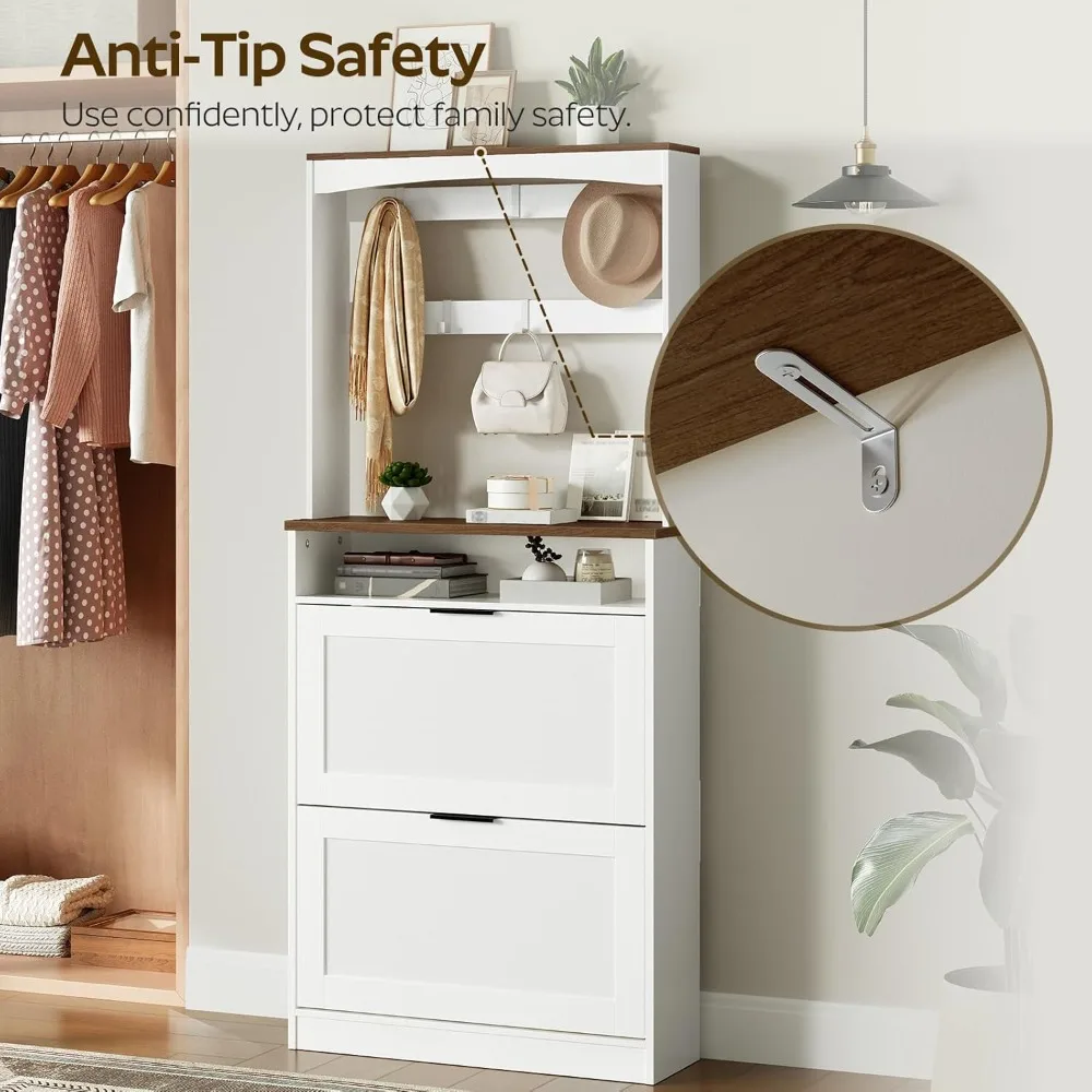 tall shoe cabinet with flip drawers and coat rack, floor standing modern shoe storage organizer, 2-in-1 hall tree with movable h