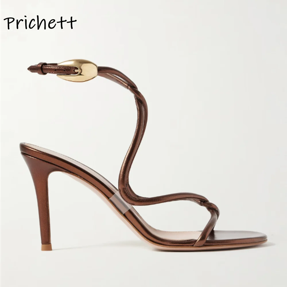 Women Sandals Metal Buckle Cross Band Slingback Solid Round Toe Thin Heels Ankle Band Leather Shoes Summer Sexy Elegant Concise