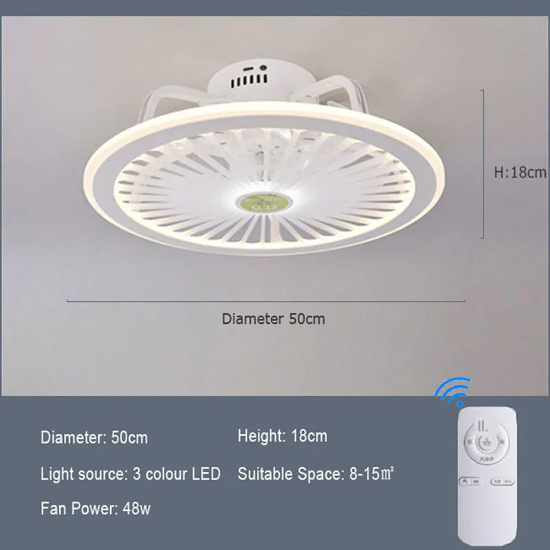 Ultrathin Ceiling Fan Lamp Light for Indoor Kitchen Bedroom Remote LED 3 Color Lighting Flush Mount Quiet Electric Fan