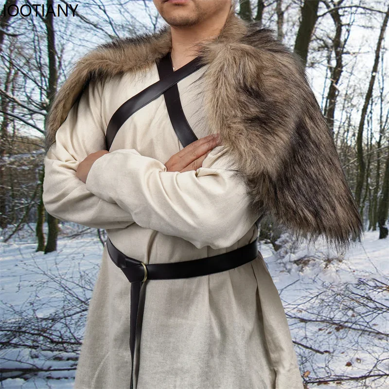 IOOTIANY Halloween Barbarian Cosplay Shoulder Cloak Chest Strap Medieval Men Viking Fur Cape Faux Fur Cape Scarf