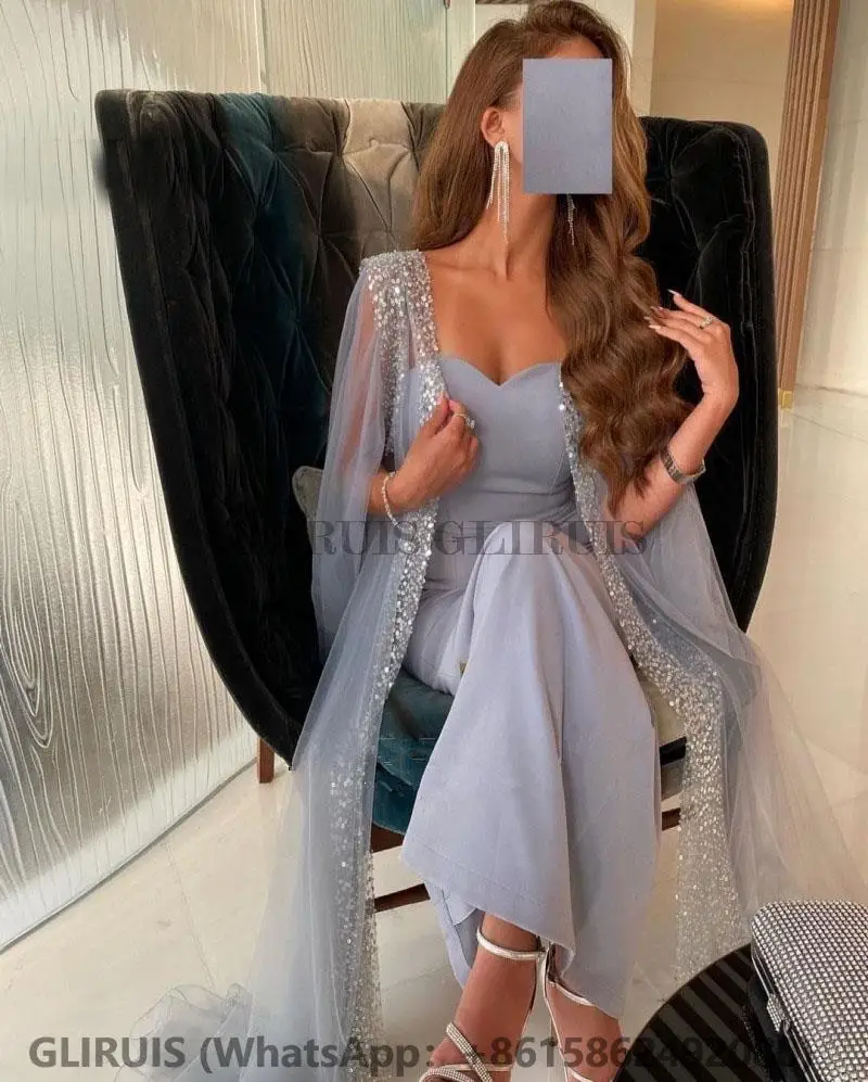 

Grey Blue Arabic Evening Dress with Cape Sleeve Ankle Length Dubai Women Formal Party Gown for Wedding Guest