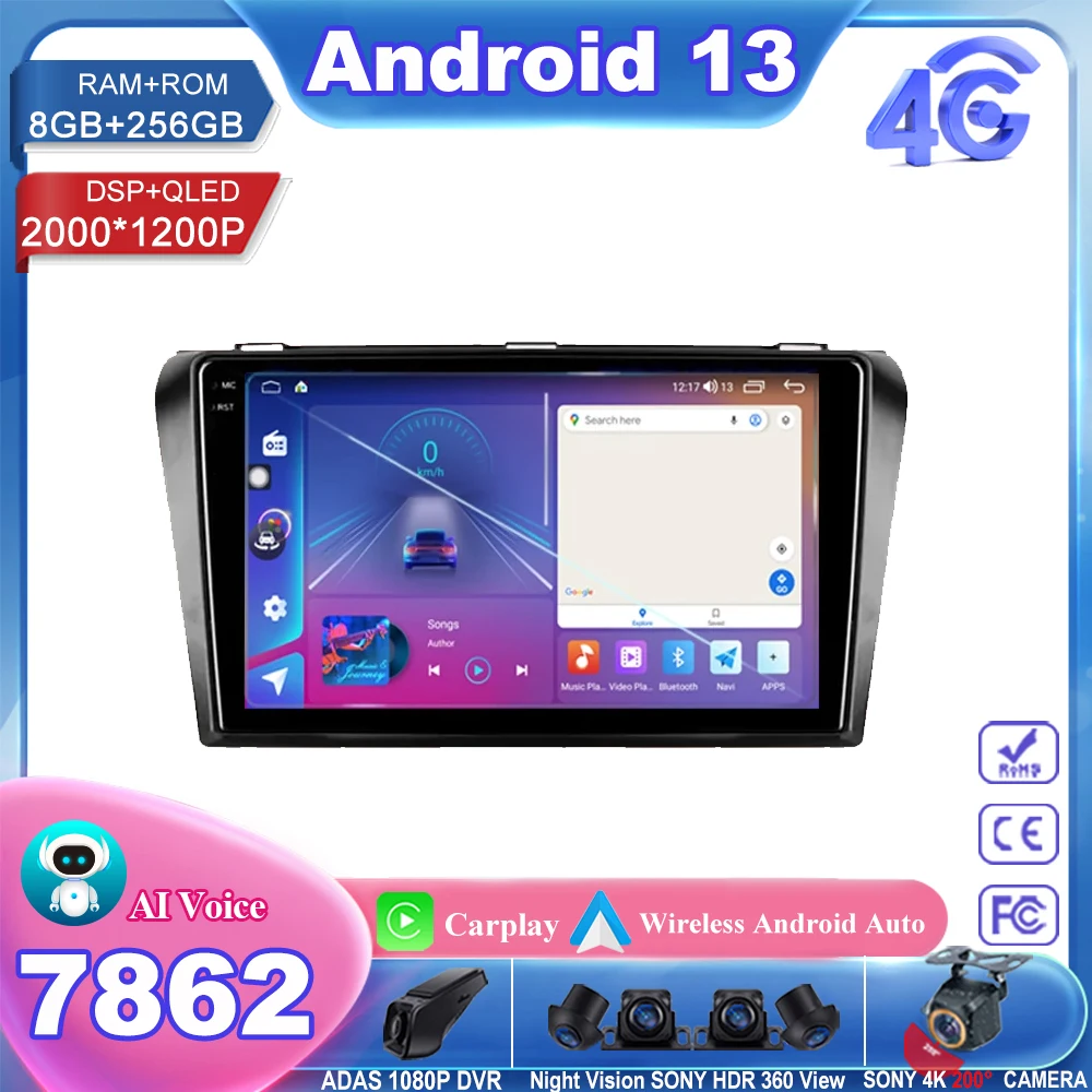 

Автомобильный Dvd-проигрыватель для Mazda 3 I для Mazda3 BK 2003 - 2009 Android 13 Радио Стерео мультимедийный плеер GPS-навигация беспроводной Carplay 2din