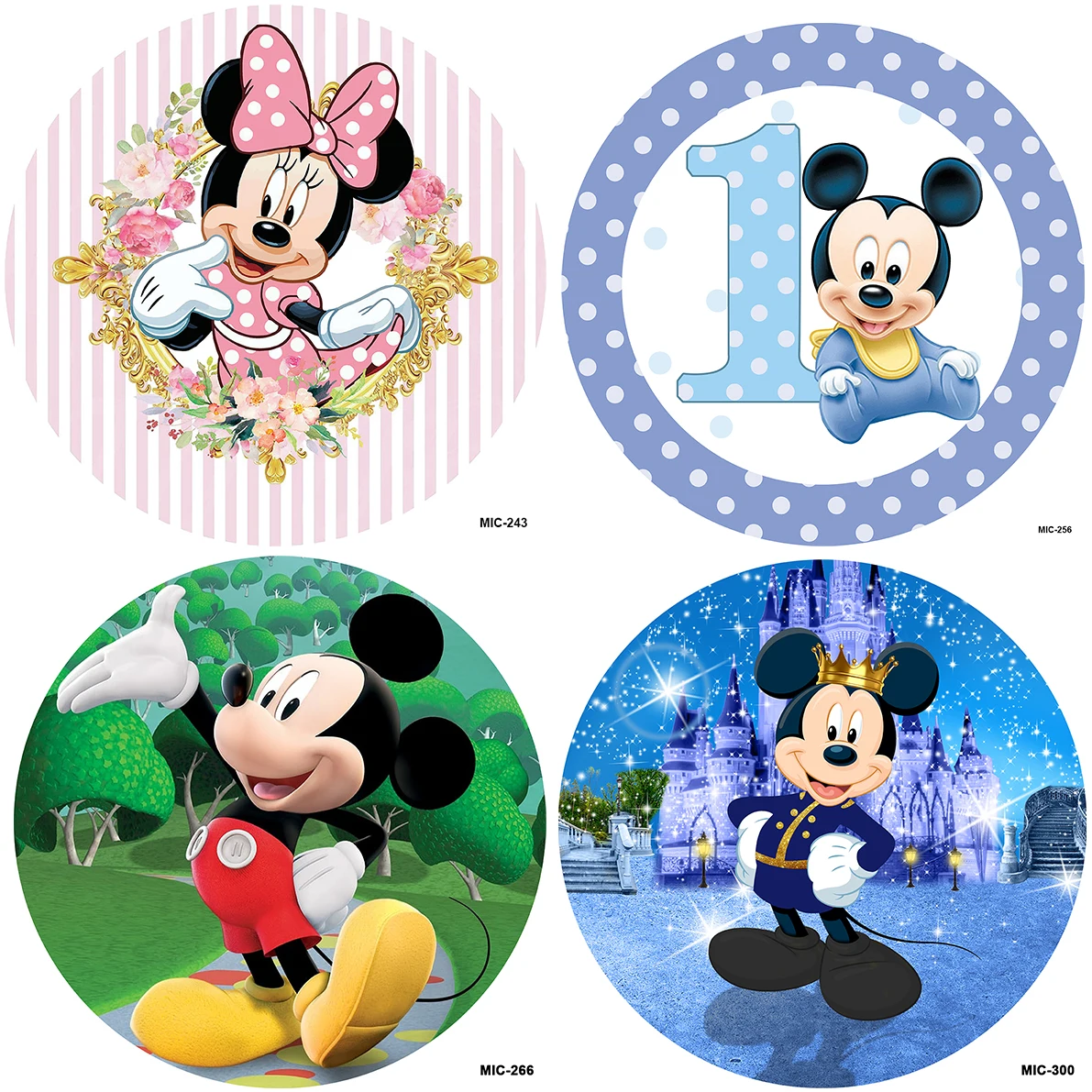 

Disney Mickey Minnie Mouse Happy Birthday Cartoon Photo Background Newborn Baby Shower Customizable Round Circle Backdrop Decor