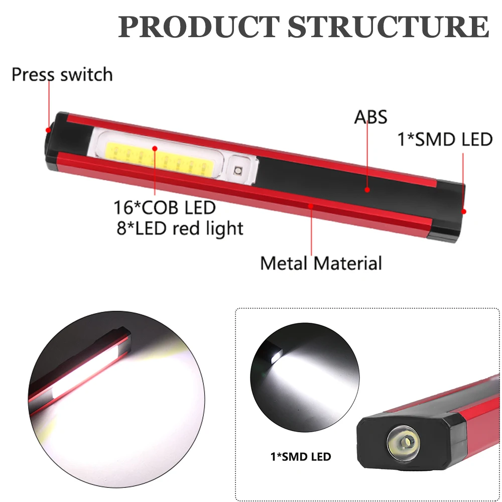 Powerful Work Light COB LED Flashlight Magnetic Work Lamp USB Rechargeable Torch Inspection Light with Red