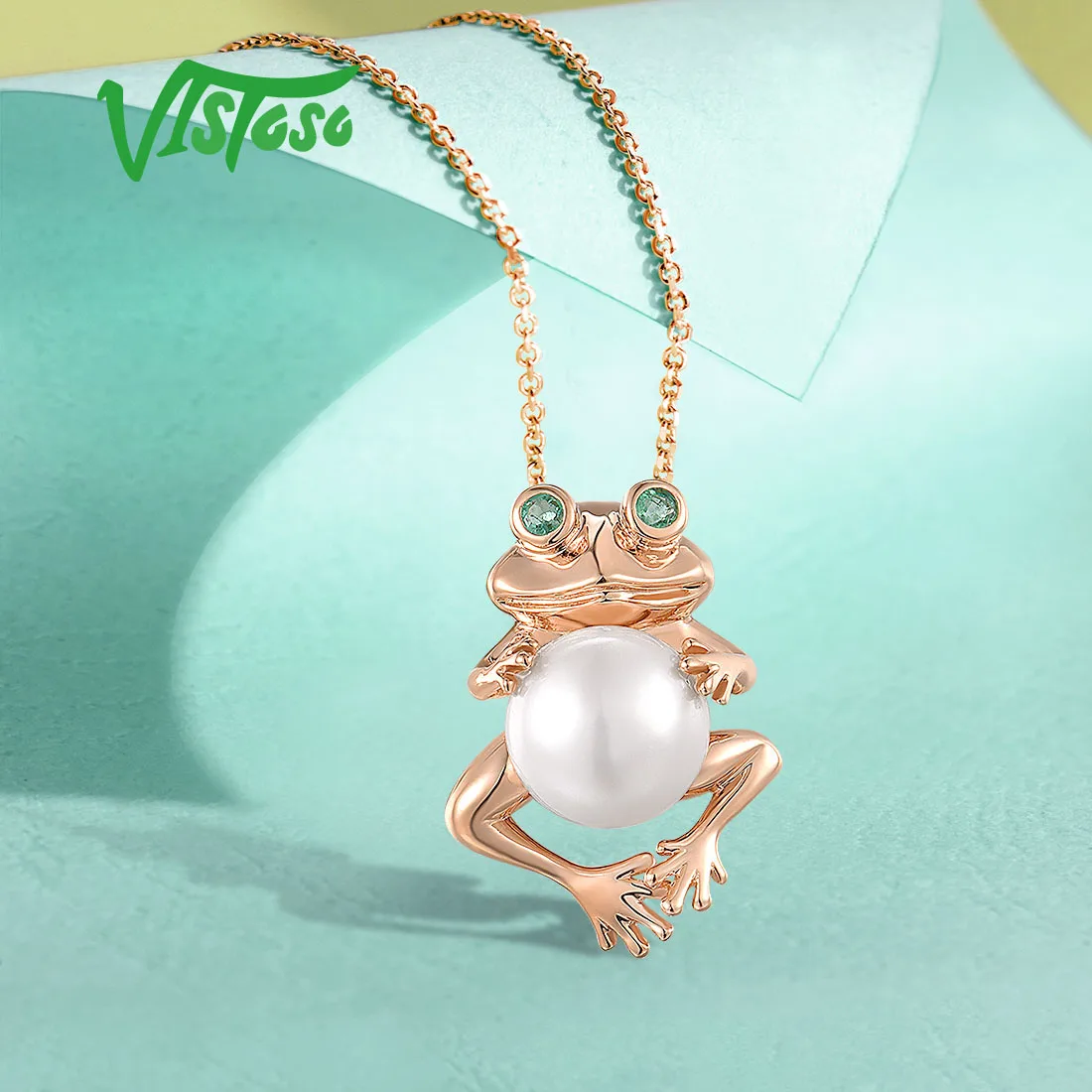 VISTOSO Genuine 14K 585 Rose Gold Pendant For Women