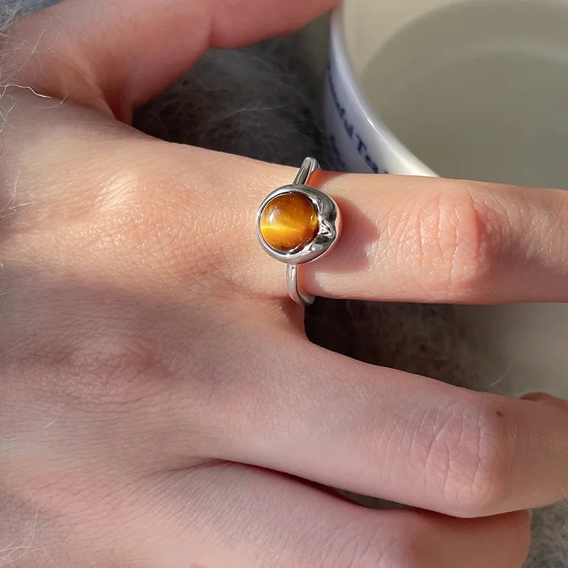 

PANJBJ 925 Sterling Silve Tiger Eye Stone Irregular Ring for Women Girl Fashion Versatile Originality Gift Dropshipping