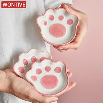 Piatto giapponese con gusto zampa di gatto carino Piatto da dessert in ceramica per cartoni animati Piatto per salsa di frutta di soia Ciotola per condimenti Piatti per immersione per la casa 1