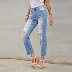 Calças de brim femininas 2021 novo azul desgastado buraco rua estilo cintura alta tornozelo jeans para mulher