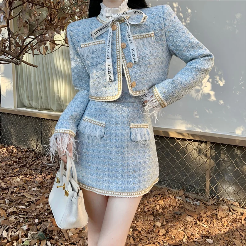 

Fall New Women Sweet Suit 2022 New Fashion Short Jacket& White Shirt & High Waist Skirt Ladies Elegant Woolen Two Piece Sets