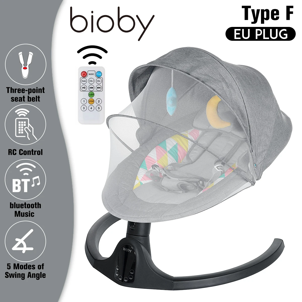 Bioby Columpio para bebés hasta niños pequeños, mecedora eléctrica portátil  para bebés de 0 a 6 meses, balancín para bebés con 5 velocidades de giro y