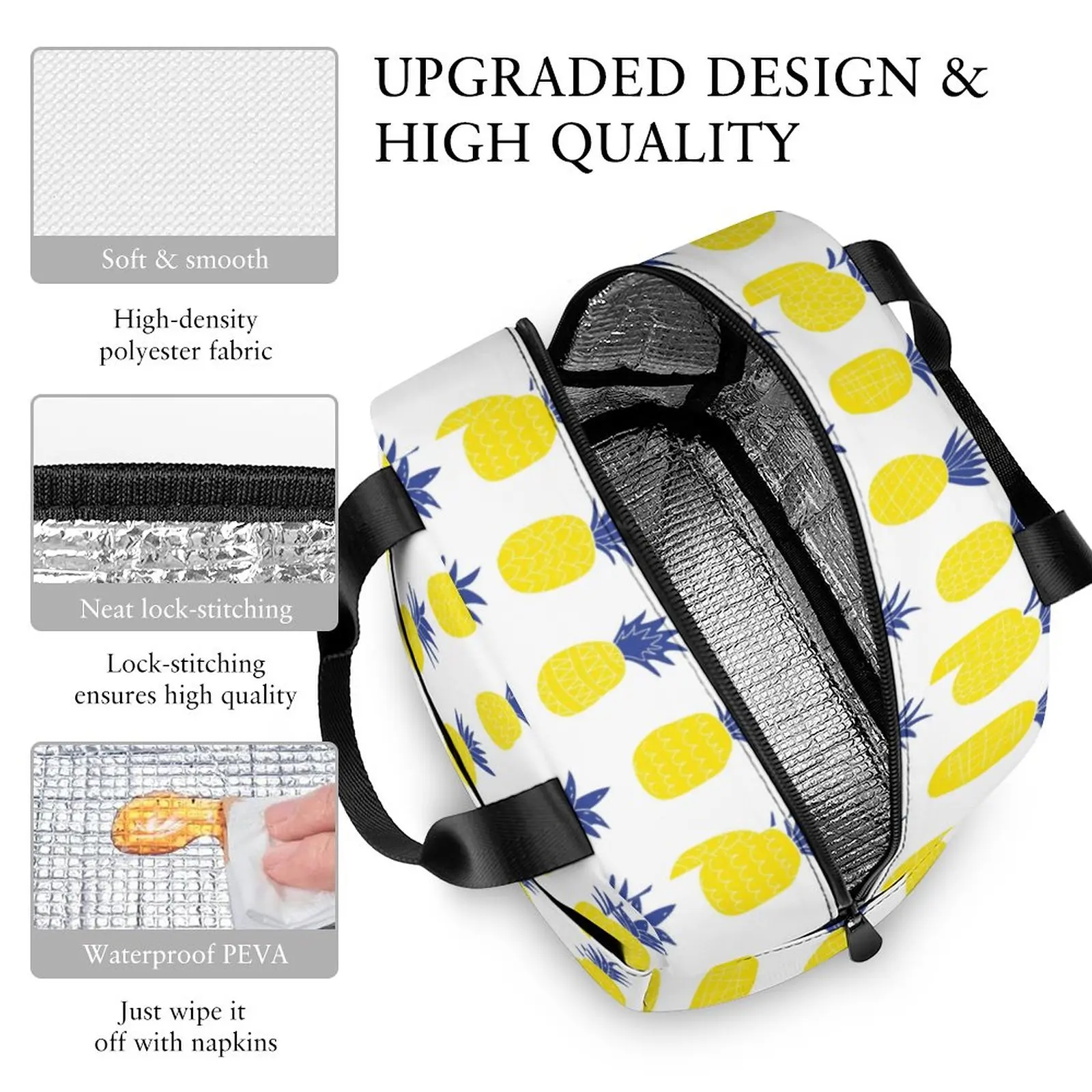 Custom Pattern Tote Lunch Bags for Women Yellow Pineapple Print Portable Meal Bag Picnic Travel Breakfast Box Office Work School
