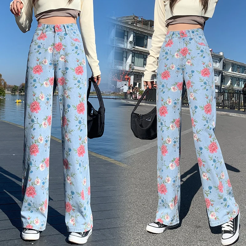 Real shot sweet and spicy girl rose print jeans female design sense high waist straight trousers drape wide leg mopping pants