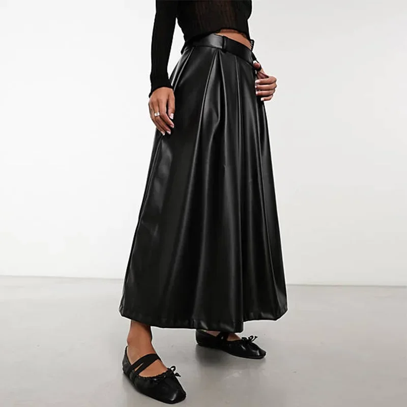 

Vintage Faux Matte Leather Flare Midi Skirt Women Elegant High Waist A-Line Drape Pleated Maxi Skirts PU A-Line Skirt Custom