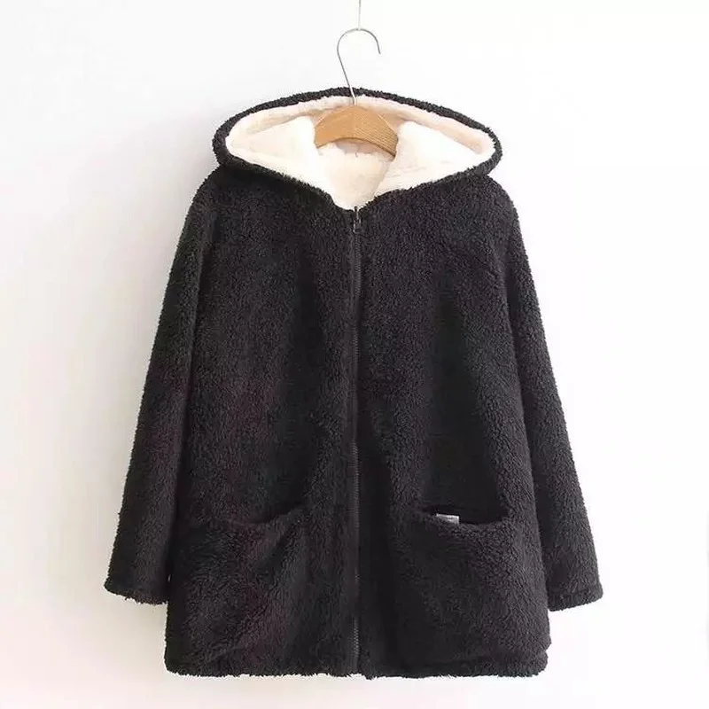  Thickened Warm Jacket Autumn and Winter New Loose Long-sleeved Two-sided Faux Fur Hooded Zipper Plush Jacket for Women