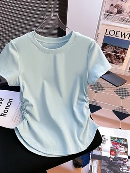 Summer Waist-Cinching round Ne ort Sve T-irt Women's Sle Regular Fit Polyester Blend Comfortable Breathable Top 1