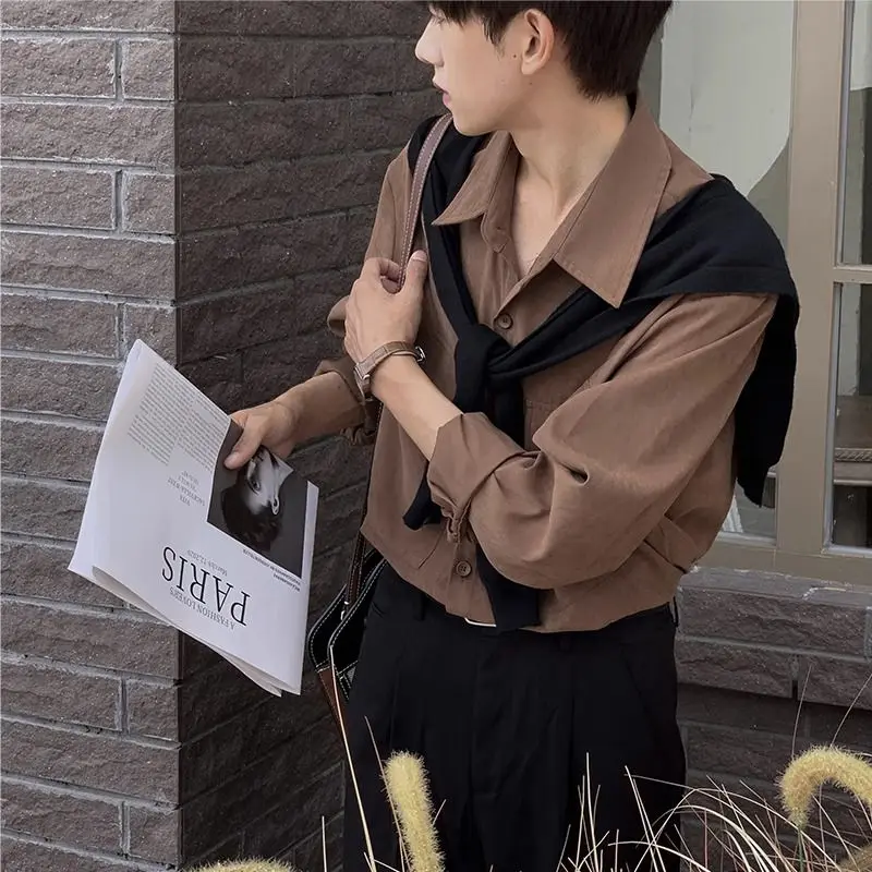 

2024 Spring New Japanese Style Shirt Men Long Sleeve Button Lapel Texture Loose Korean Fashion Casual Solid Color Shirts for Men
