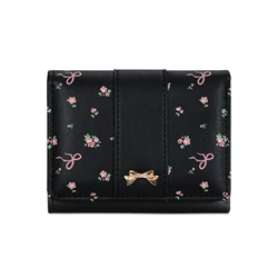 Chic Floral Bow Women's Tri - Fold Wallet with Multi - Card Slots (Black)