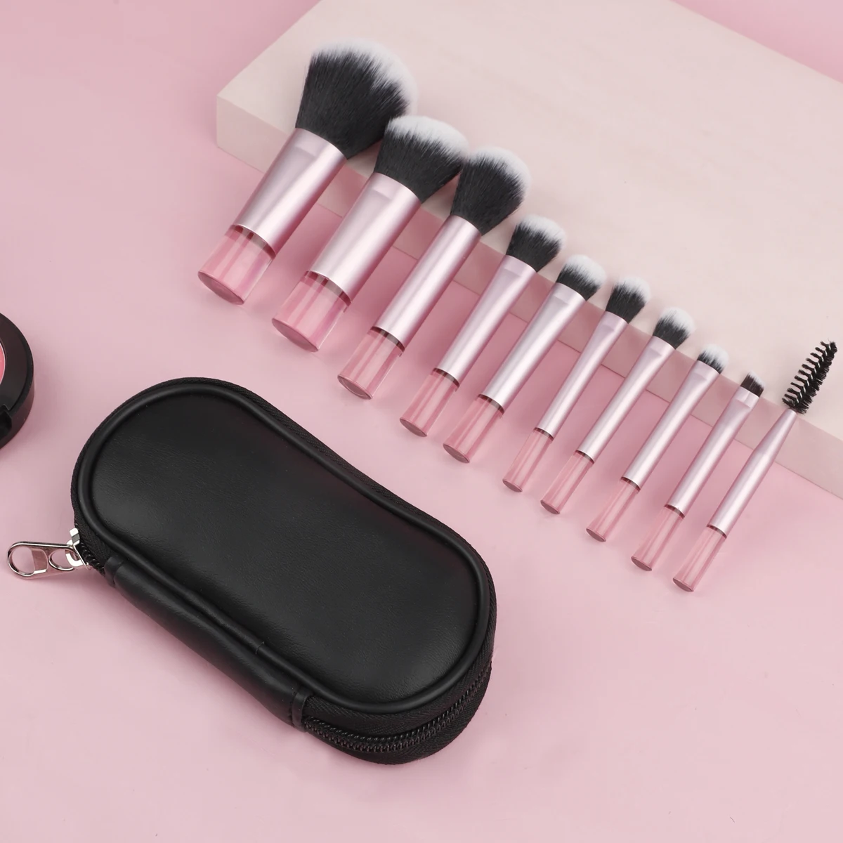 Compact 10-Piece Makeup Brush Set for Face and Eyes - Powder, Foundation, Blush, Concealer Blender Tools