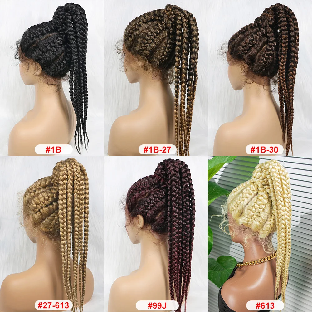 22inches Braided Wigs Synthetic Lace Front Wigs with Baby Hairs Cornrow Box Braids Ponytail Wigs for Black Women
