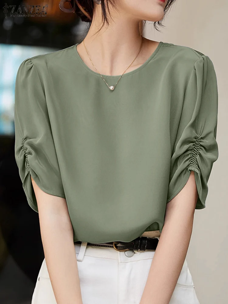 

Летняя модная офисная рубашка ZANZEA с коротким рукавом, женская элегантная блузка, повседневные однотонные женские топы, туника, женские блузы с круглым вырезом