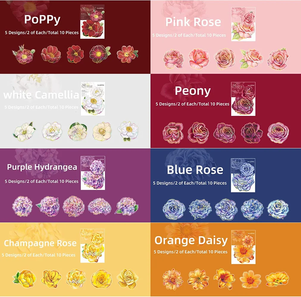 80 Pieces Large Size Waterproof Flower Stickers with Gold Holographic Outlines Glitter Shiny Floral Decorative Decals Planner
