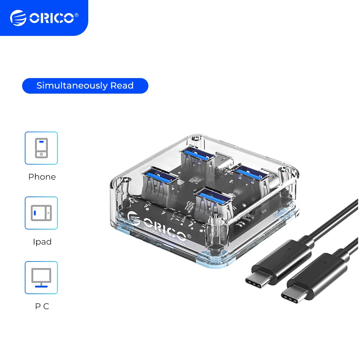 Orico-hub Usb c Transparente Expansão Portas com Interface de Alimentação Protocolo Usb 3.2 Transmissão de Alta Velocidade Adaptador Otg