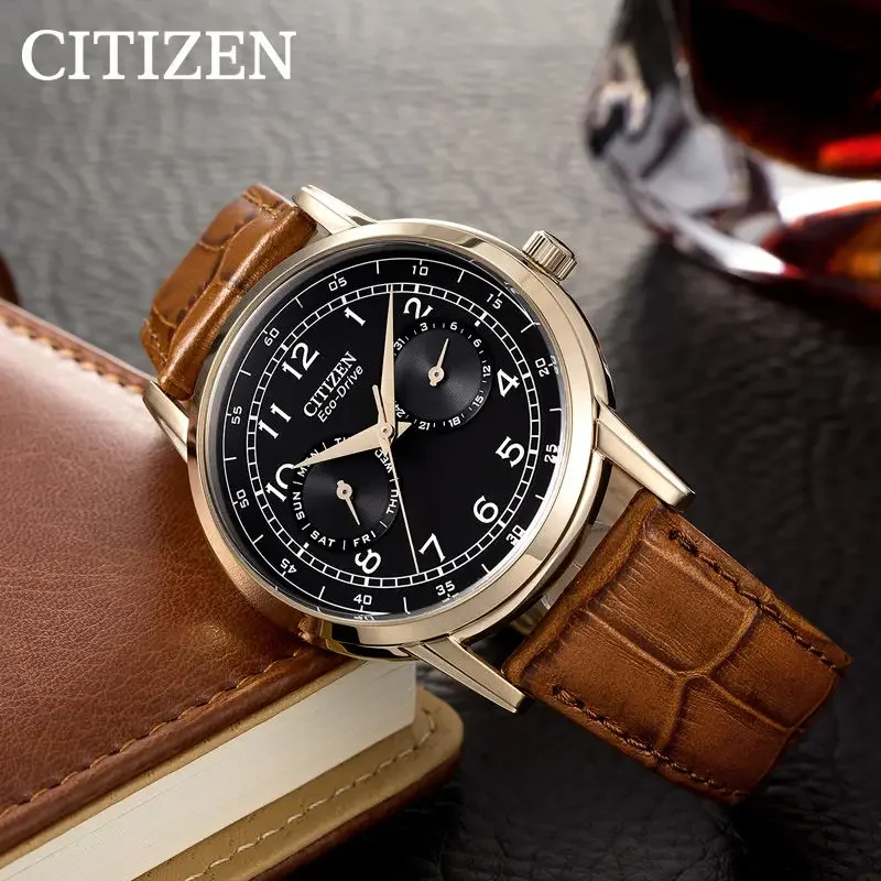 Citizen Men's Watch AO9003 Original Fashion Eco-driven Retro Casual Small Blue Needle Genuine Leather Automatic Time Watches Men
