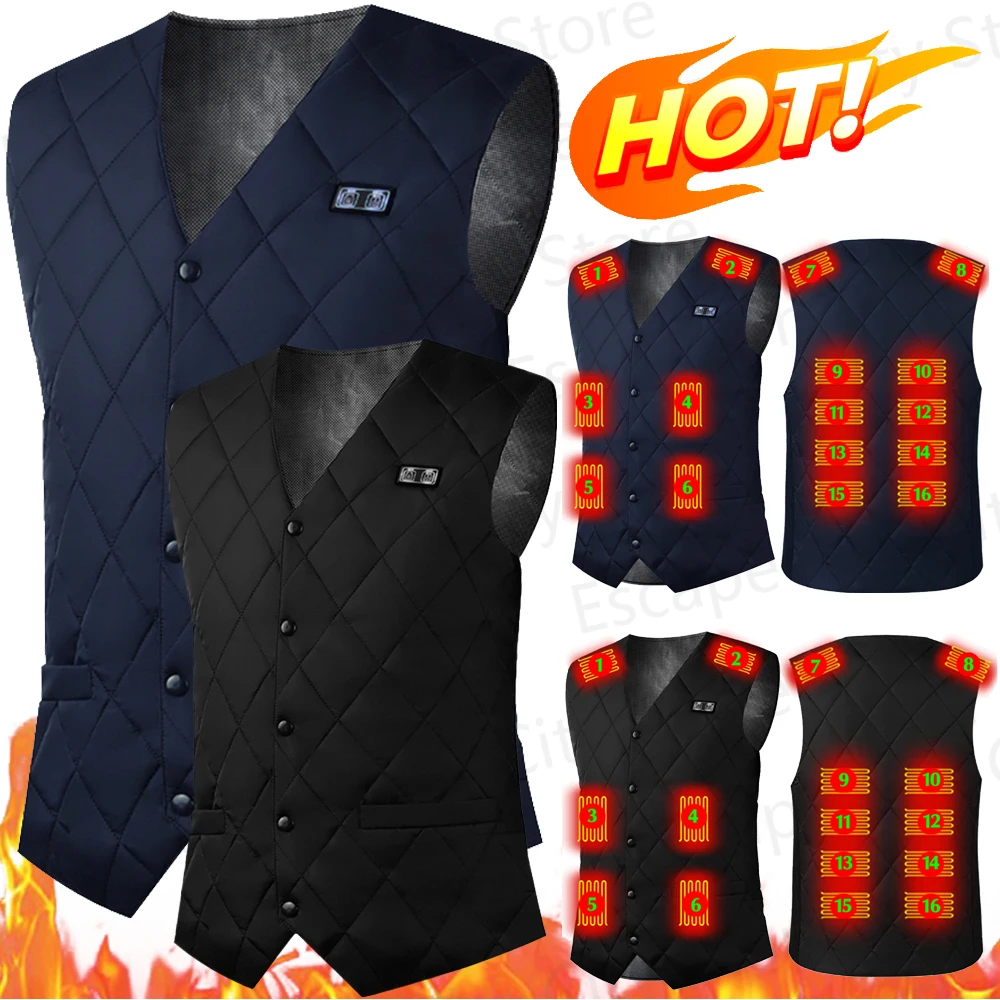 16 Areas Heated Vest Jacket Electric Heating Clothing 3 Gears Thermal Vest Women Men Electric Heating Vest for Camping Hiking