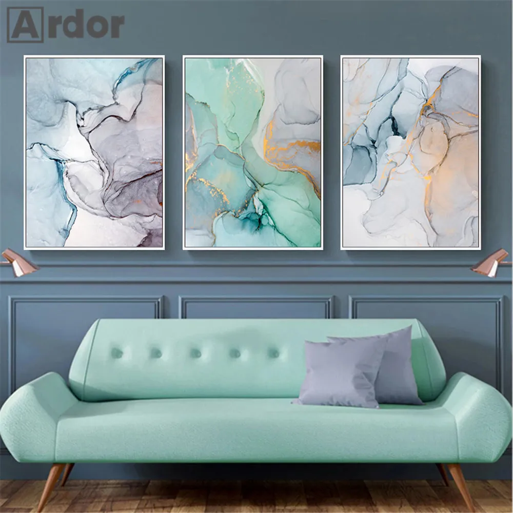 

Abstract Blue Green Gold Marble Posters Canvas Painting Modern Luxury Nordic Wall Art Print Pictures Living Room Interior Decor