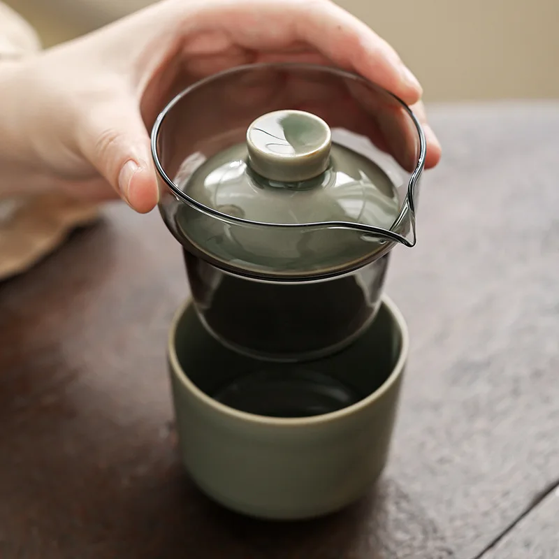 Celadon Porcelain Tea Cup Portable Travel Set with Pot 1 Person Camping Gear Outdoor Brewing Kit for Hiking Picnic Office Use
