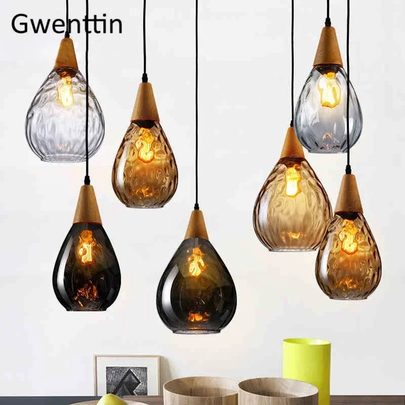 

Vinatge Glass Pendant Lamp Wood Hanging Lights Home Decor Dinning Room Kitchen LED Lighting Fixtures Loft Chandeliers Luminaire