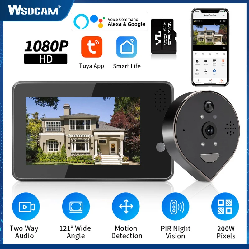 

Wsdcam Tuya Wifi Peephole Doorbell Camera 4.3Inch 1080P Smart Doorbell Two Way Audio Night Vision Smart Home Doorbell Viewer