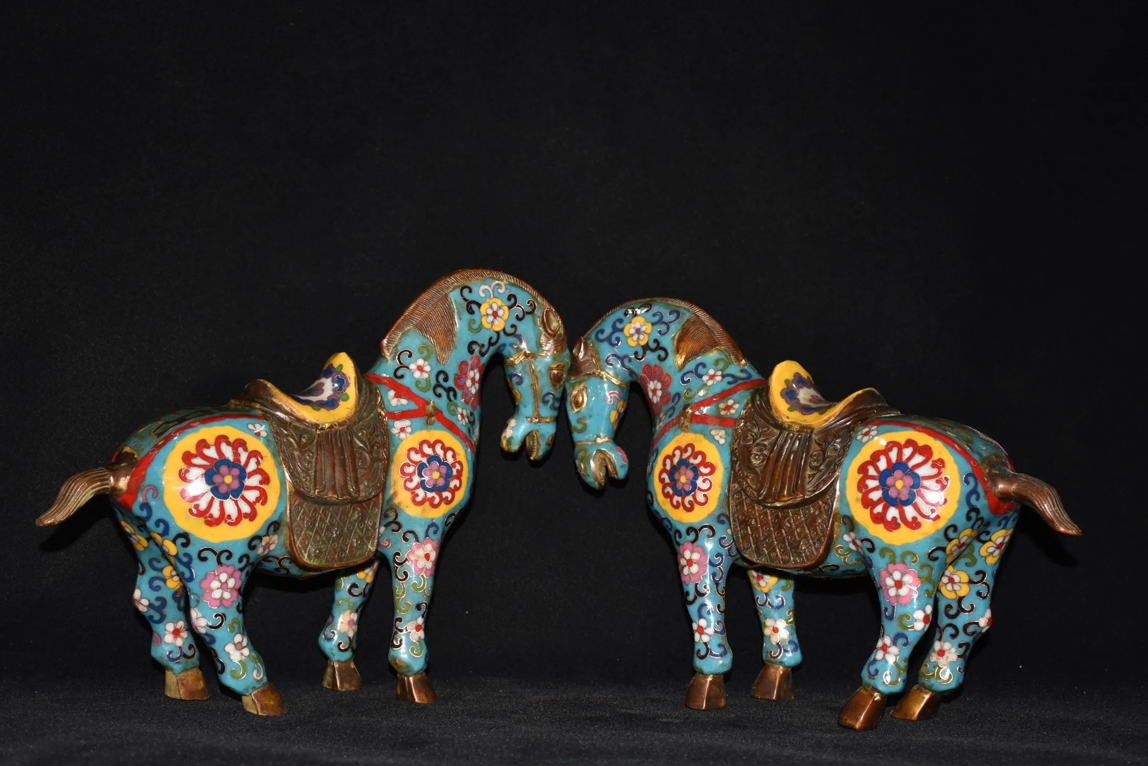 

13"Tibetan Temple Old Bronze Cloisonne Zodiac Horse Lucky Don horse A Pair Gather fortune ornament Town house Exorcism