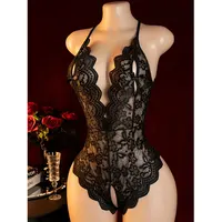 Sous-vêtements en dentelle à entrejambe ouvert pour femmes, soutien-gorge une pièce, culotte, Costumes érotiques sans entrejambe, costume de corps rouge chaud, perle, grande taille, string Sexy 6
