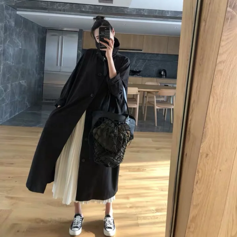 2022 Trench Coats Women Patchwork Loose Notched Lapel Long Sleeve Trench Coats Outwear Autumn Winter Harajuku Jacket Female Tops