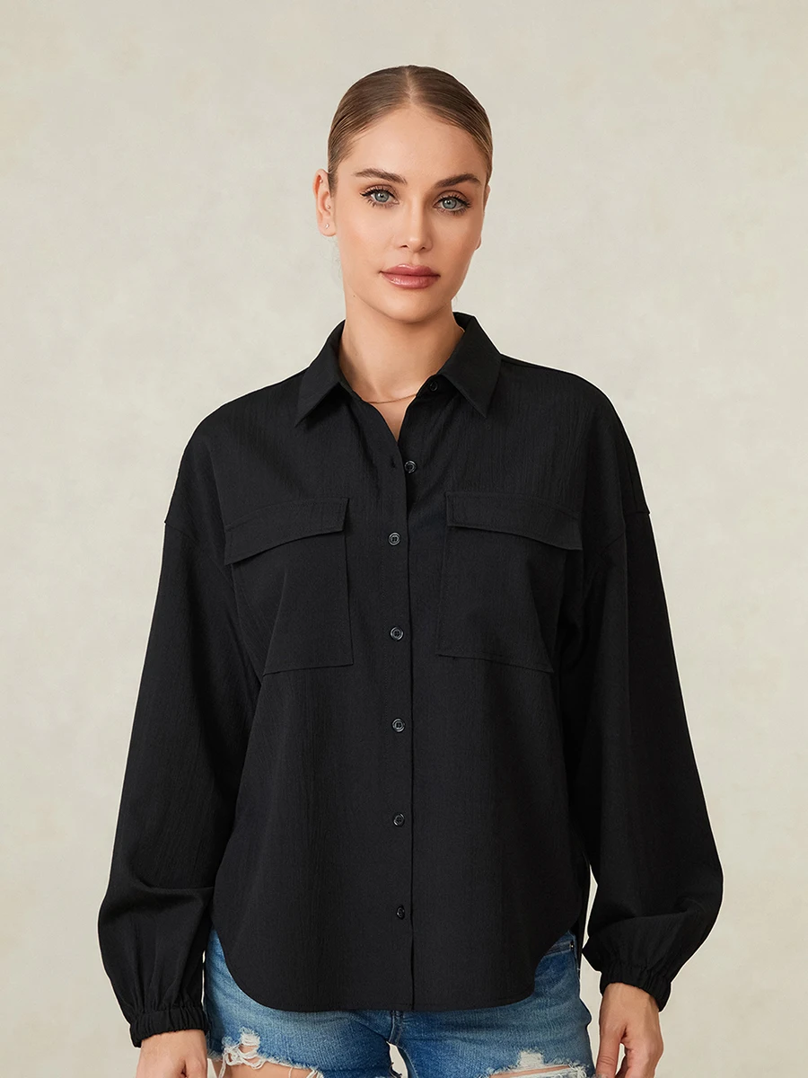 売れ筋商品|||ヤス シャツ レディース トップス YASALIRA - Button-down blouse - black wsevypo Women's Casual Black Shirts Fall Spring Solid Color