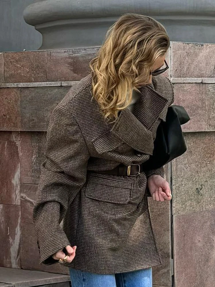 Bornladies New Women's Long Coat Breasted Blazer Collar Houndstooth Pattern Oversized Fit Flap Pockets Autumn Winter Jackets