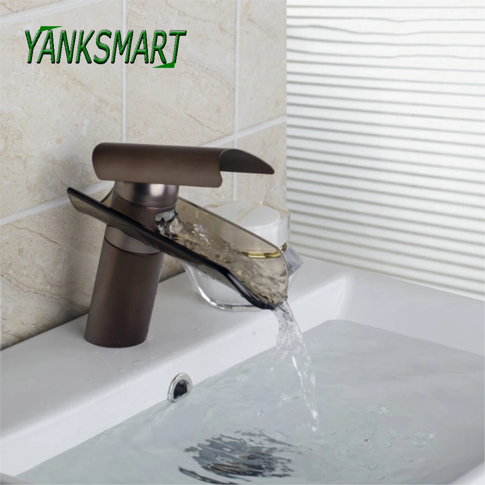 

YANKSMART Bathroom Faucet Oil Rubbed Bronze Bathtub Waterfall Glass Spout Faucets Vessel 1 Hole & Handle Sink Mixer Water Tap