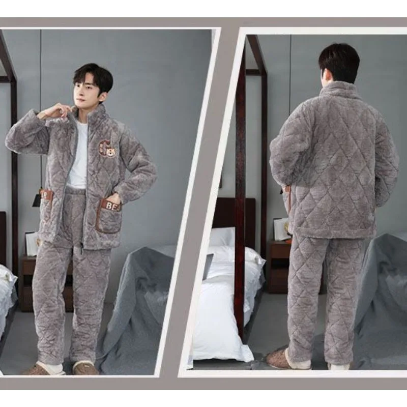 2024 New Pajamas Men's Winter Warmth Young Man Sleepwear Thick Piled Three Layers Cotton Flannel Homewear Zipper Loungewear