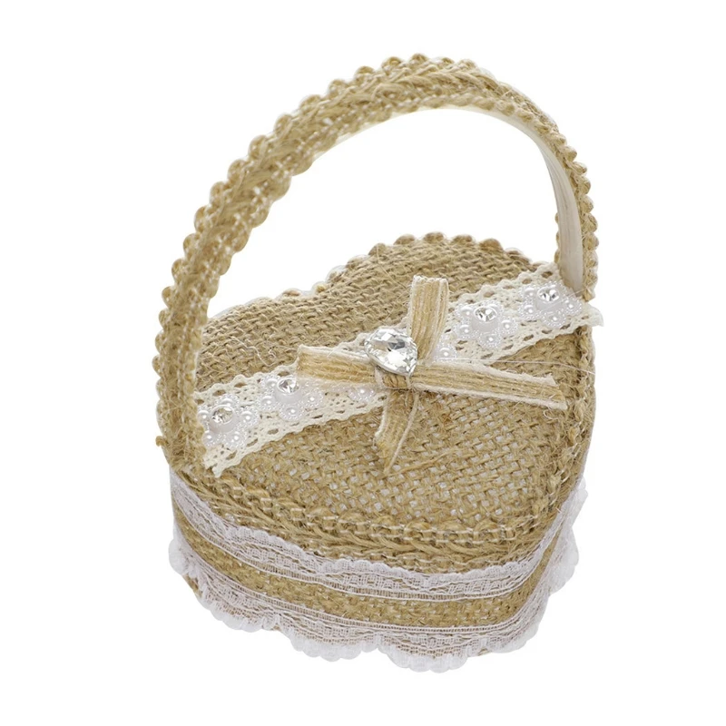 Y51E Wedding Basket Ring Pillow Flower Storage Basket Flower Girl Basket Burlap Bow Ring Container Holder Hanging Basket