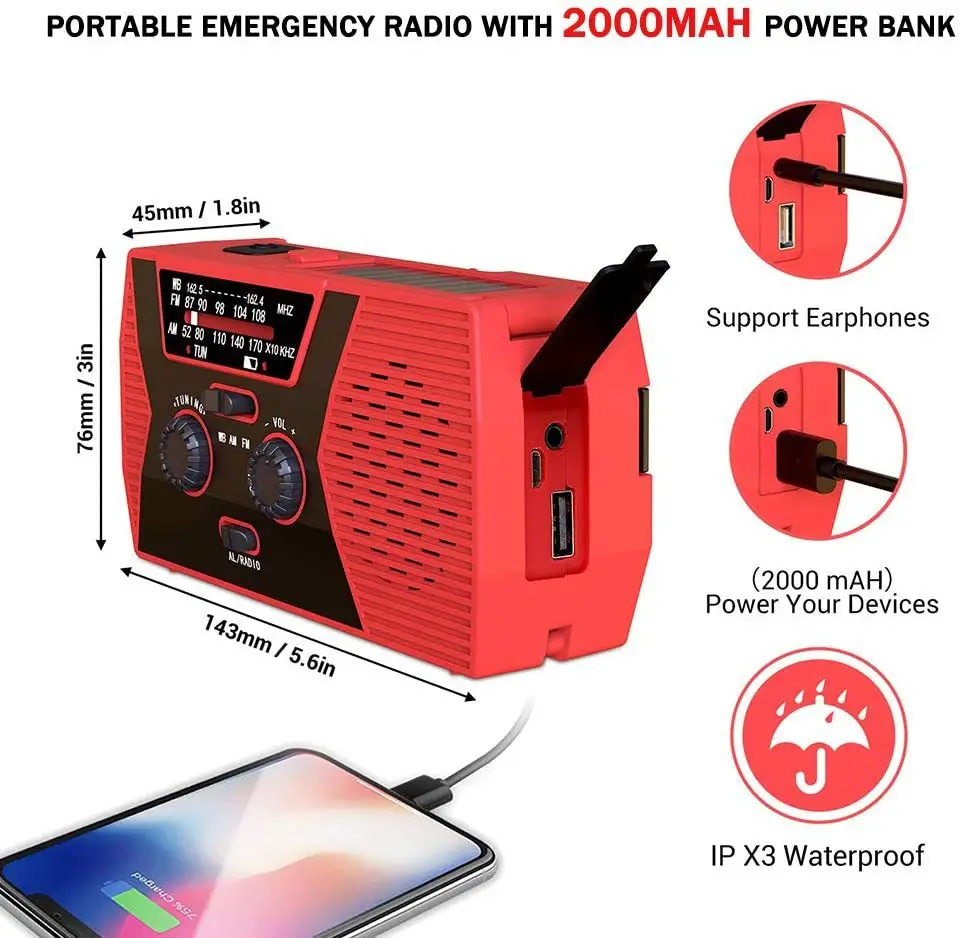 2000Mah Multi Functional Portable Solar Powered Hand Cranked Charging Emergency Radio with Flashlight Reading Light