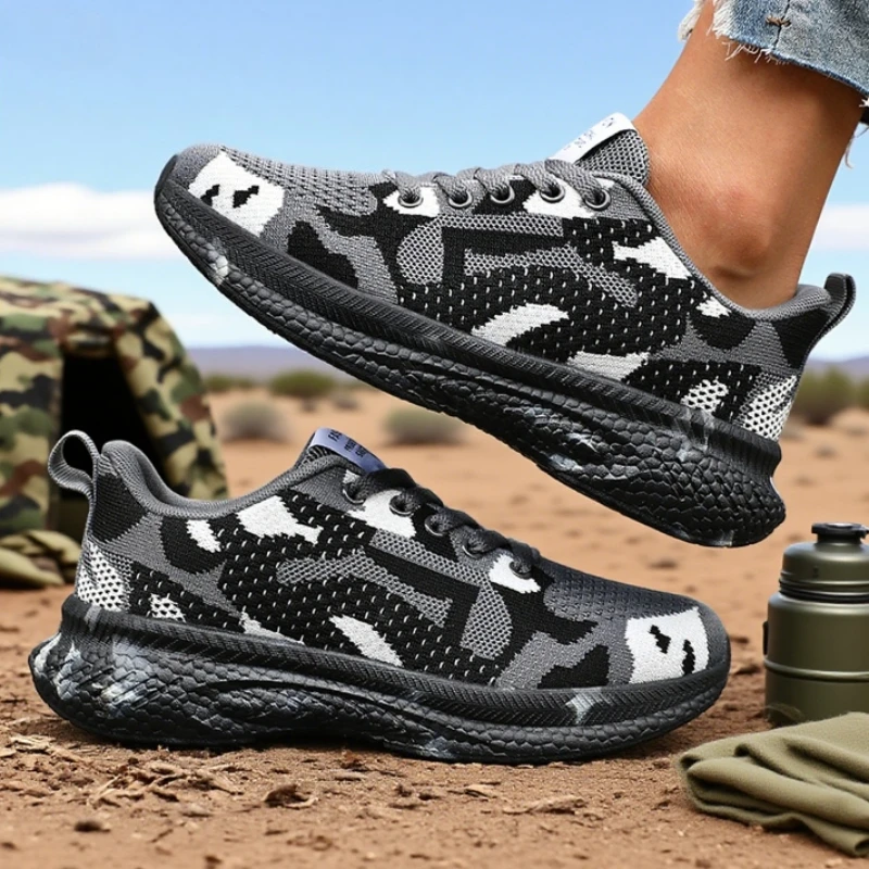 Women's Mesh Hiking Shoes Breathable Knit Fabric Lightweight Anti Slip Fashion Camo Sneakers Outdoor Camouflage Worker Shoes